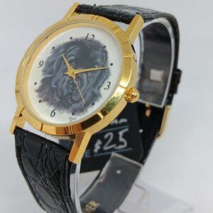 Newfoundland Dog 33mm Women's Gold Tone Black Leather Band Watch NWT